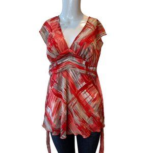 Jonathan Martin Womens Tunic Blouse Top Brush Stroke Tie Waist Silver Red Size M